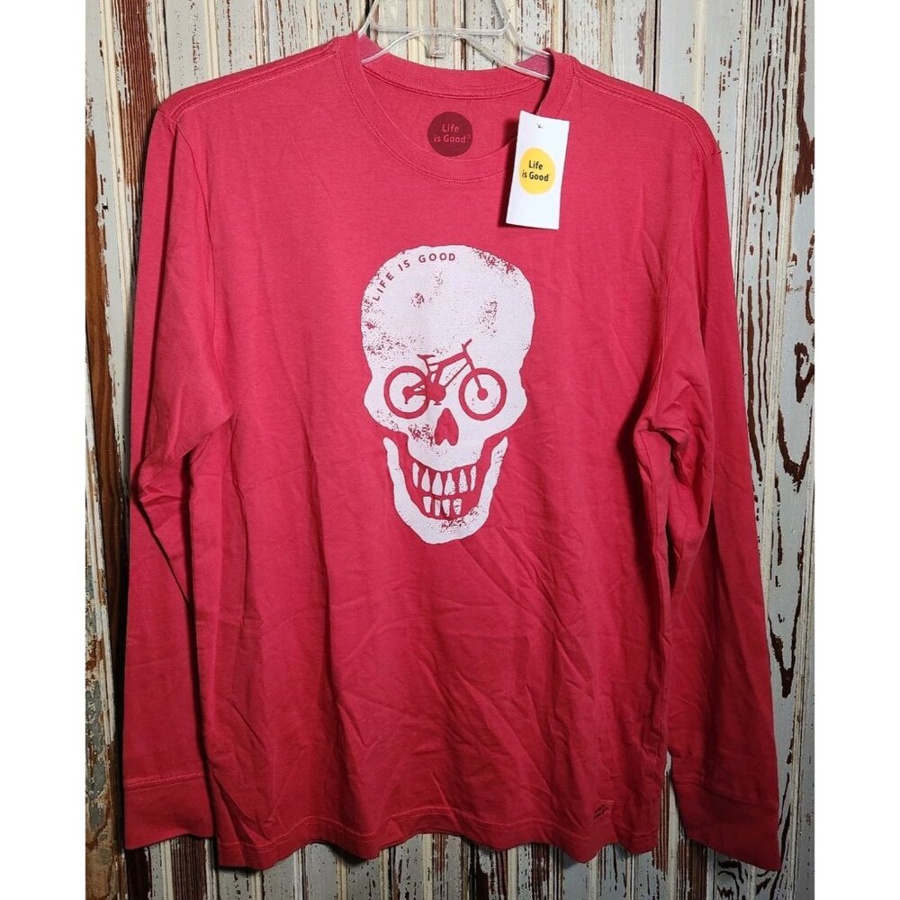 Life is Good Crusher Tee Skull Bicycle Graphic Long Sleeve Red Men's M